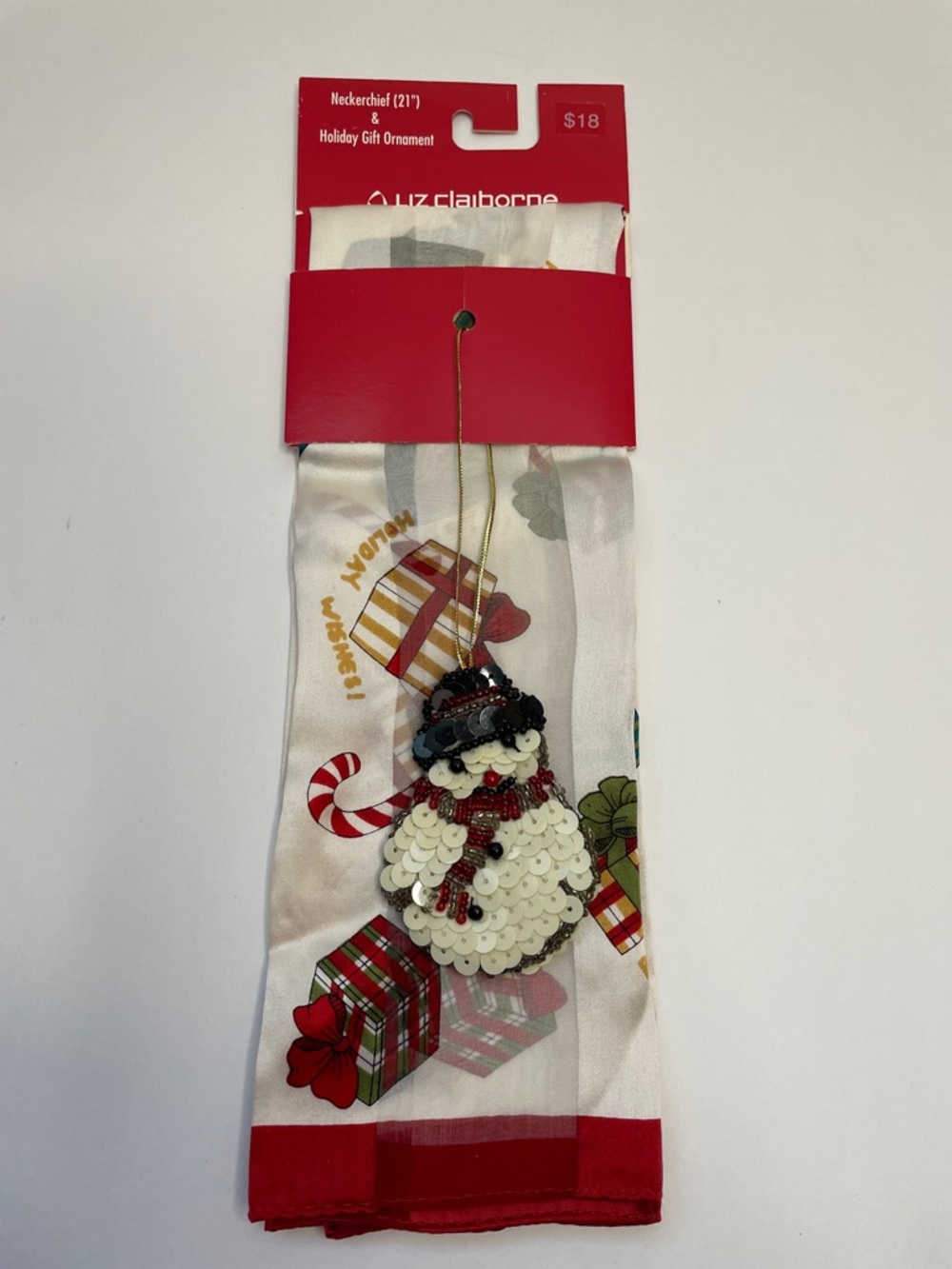 NWT Liz Claiborne Cream Holiday Scarf with Snowman Ornament.